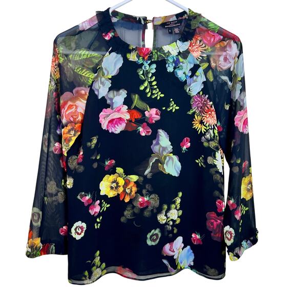 Ted Baker Tops - Ted Baker Anina Blouse Sheer Black Floral Long Sleeve Size 0/XS VGUC